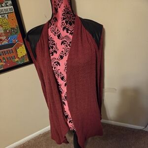 Confidence Open-Front Mauve Knit Cardigan with Faux Leather Shoulders Large